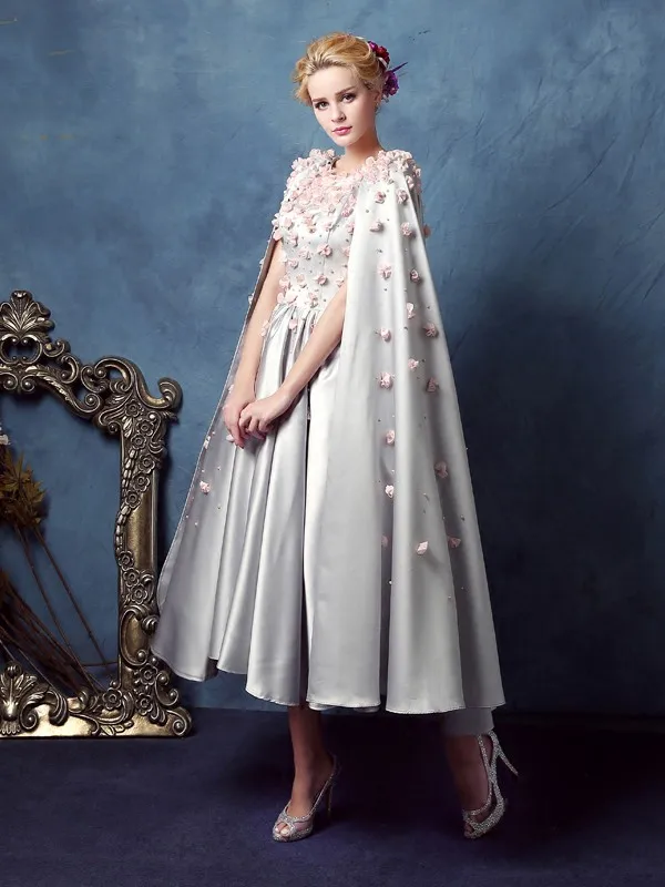 Vintage Zilveren Bloemen Parels Thee-Lengte Arabische Dubai Prom Dress 2021 Met Kapmouwtjes Formele Avondjurken Vestidos De festa