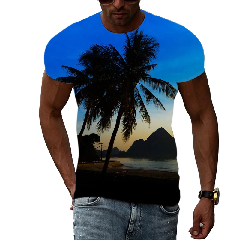 Summer Men Fashion Beach Scenery graphic t shirts Casual Interesting Scenery Print short sleeve t-shirts Hip Hop Harajuku tshirt