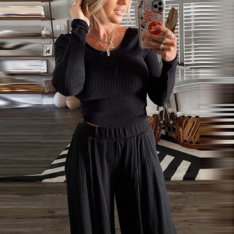 Kobiety z dzianiny w stylu Casual Rib dwuczęściowe zestawy 2020 jesień panie topy z długimi rękawami i długie spodnie elegancki O-Neck Solid Color