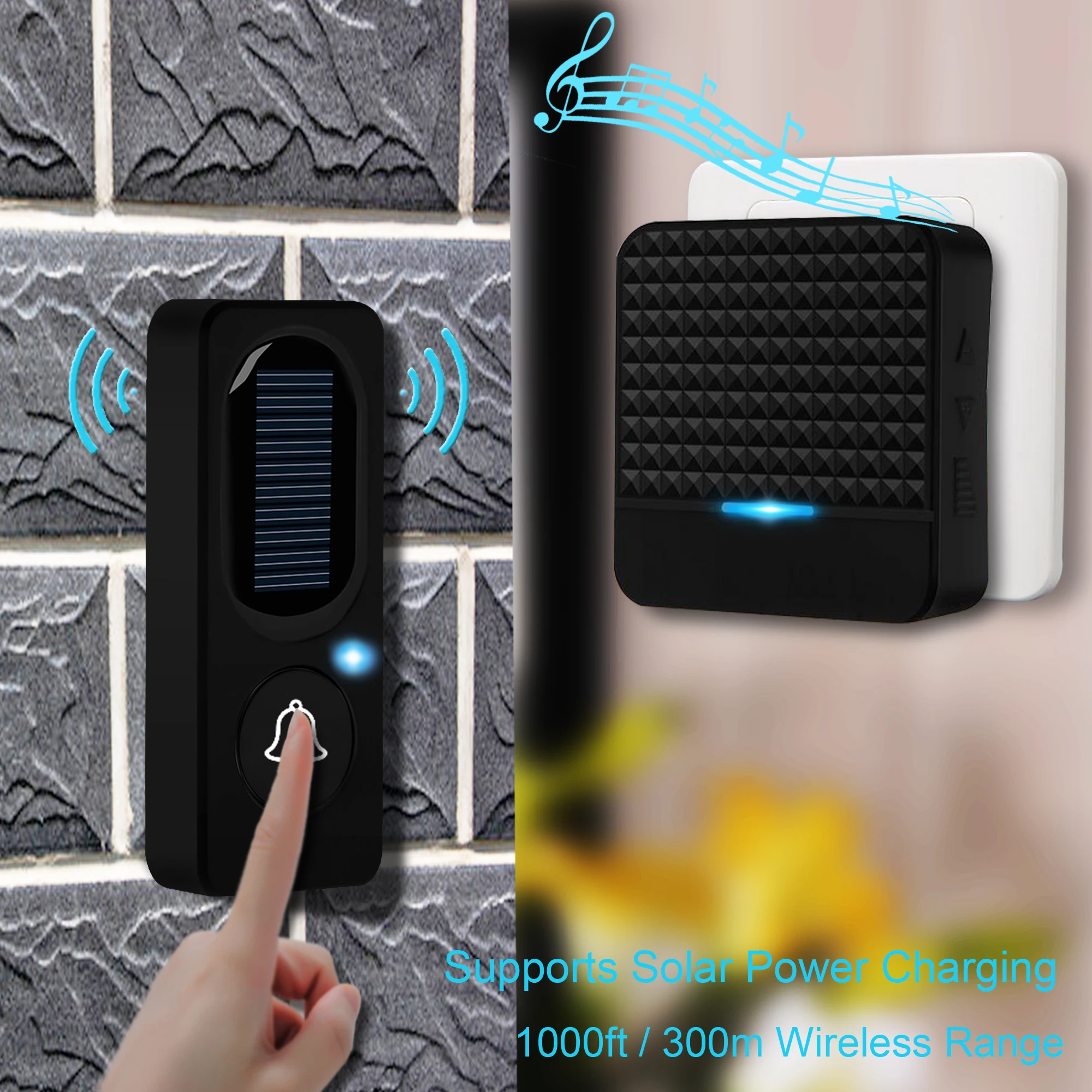 Solar Wireless Doorbell Low Power Home IP65 Waterproof 300M Door Bell Chime Outdoor Doorbells