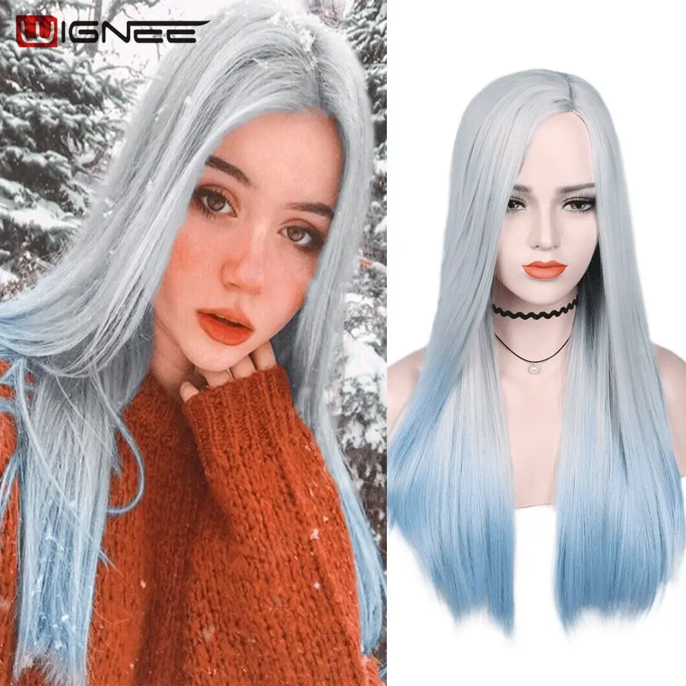 Wignee White to Blue Synthetic Wig Long Straight Side Part Hair Hair Bundle With Closure Party Game Of Pre-Colored Bundle Wigs