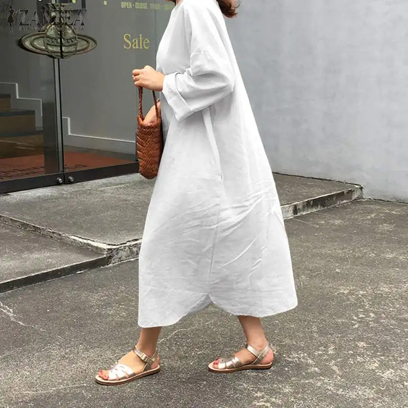 ZANZEA Autumn Women Casual Kaftan O neck Long Sleeve Dresses Oversized Cotton Linen Sundress Elegant Robe Solid Party Vestidos