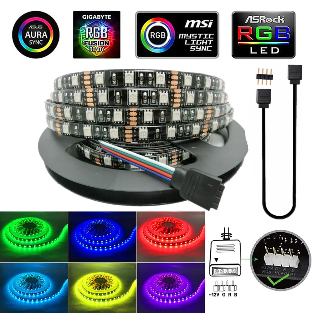 12V 4Pin 5050 RGB LED Strip Black PCB For PC For ASUS Aura SYNC,MSI Mystic Light,GIGABYTE Fusion2.0 Header on Motherboard