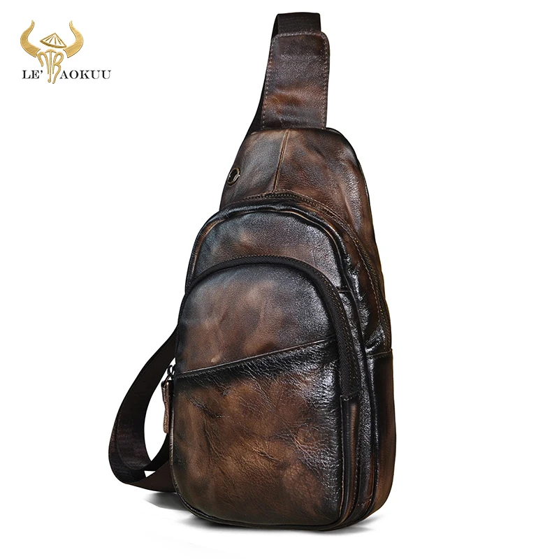 Natural Leather Men Casual Retro Coffee Travel Triangle Chest Sling Bag Design 8