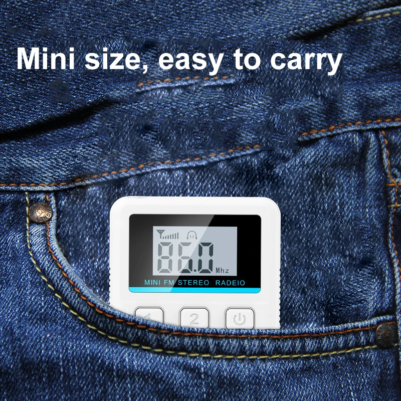 Receptor portátil de rádio estéreo FM mini com display LED, suporta desligar a memória, Professional Inglês Hearing Learning, 50-108MHz