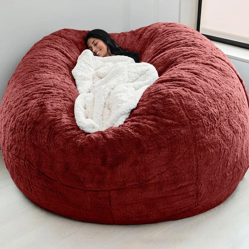 Dropshipping giant fur bean bag cover big round soft fluffy faux fur beanbag lazy sofa bed cover living room furniture