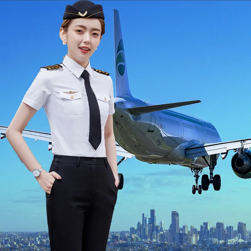 Aviation Pilot White Shirt Men Summer Short Sleeve Slim Air Force Captain Stewardess Pilot Uniform Office Work Cosplay Clothes