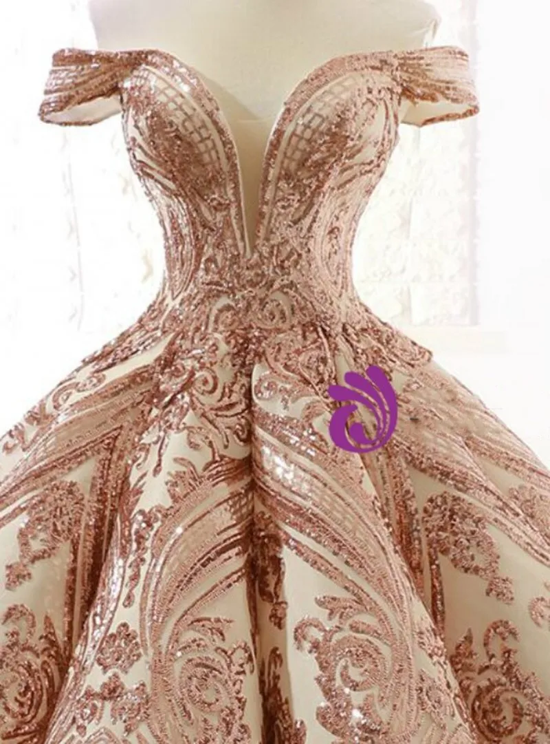 รูปภาพจริง Vestidos De 15ปี Quinceanera ชุด2022ทองคำสีกุหลาบเลื่อม Applique หวาน16ปิดไหล่ประกวด Gowns