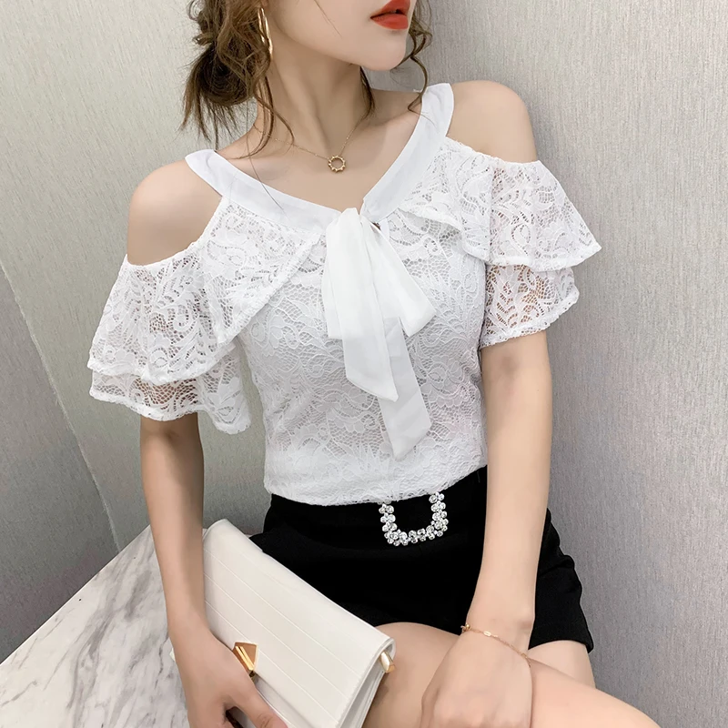 Summer Korean Clothes T-shirt Sexy Off Shouder Bowknot Lace Ruffles Women Tops Ropa Mujer Ruffle Sleeve All Match Tees T06214