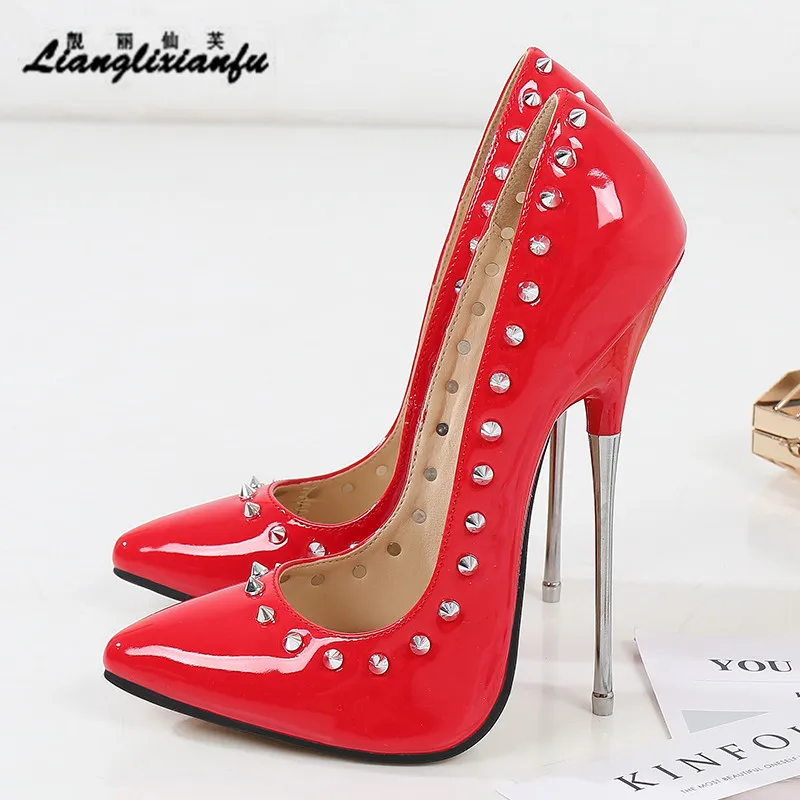 Crossdresser Rivet Pointed Toe PUNK shoes woman 16cm Super thin high heels wedding Pumps Bridal Stiletto Nightclub tacones mujer