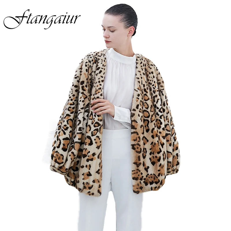 Ftangaiur Winter Import Velvet Mink Coat For Female Leopard V-Neck Slim Natural Fur Coat Women Medium Real Mink Fur Coats