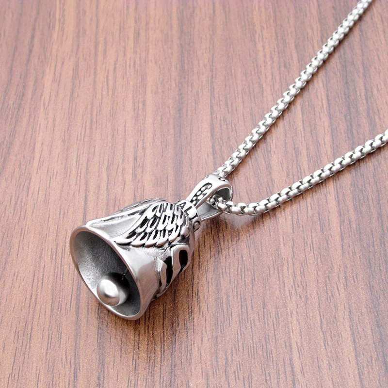 Punk 316L Stainless Steel Silver Color Black Letter Feather Rider Wings Biker Bell Pendant Jewelry For Gift