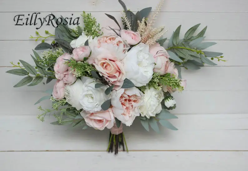 EillyRosia สีขาวสีชมพู Wedding Bouquet Da เจ้าสาวประดิษฐ์ Ramos De Novia Boda Peony โรแมนติก Rustic งานแต่งงานดอกไม้