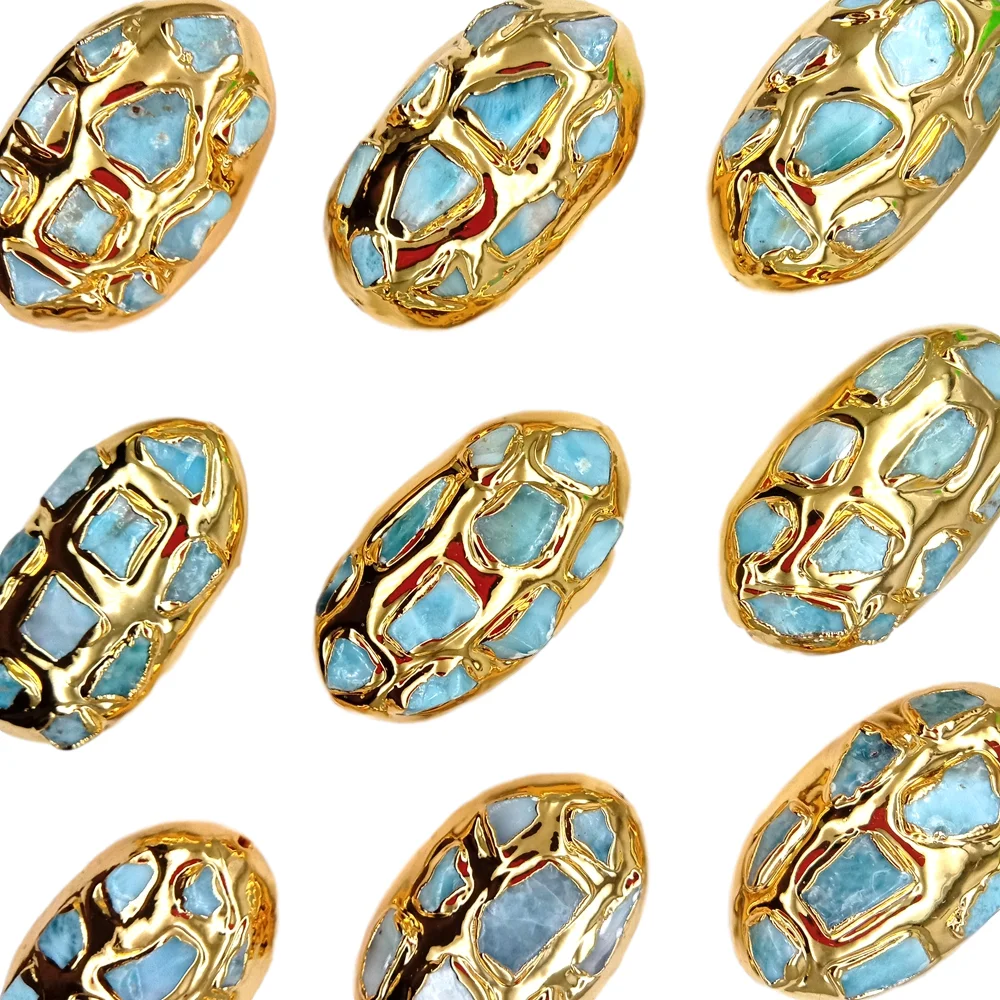 5 pcs  Natural Blue Larimar Stone Gold Plated Beads For Women Making Jewelry 24x44mm