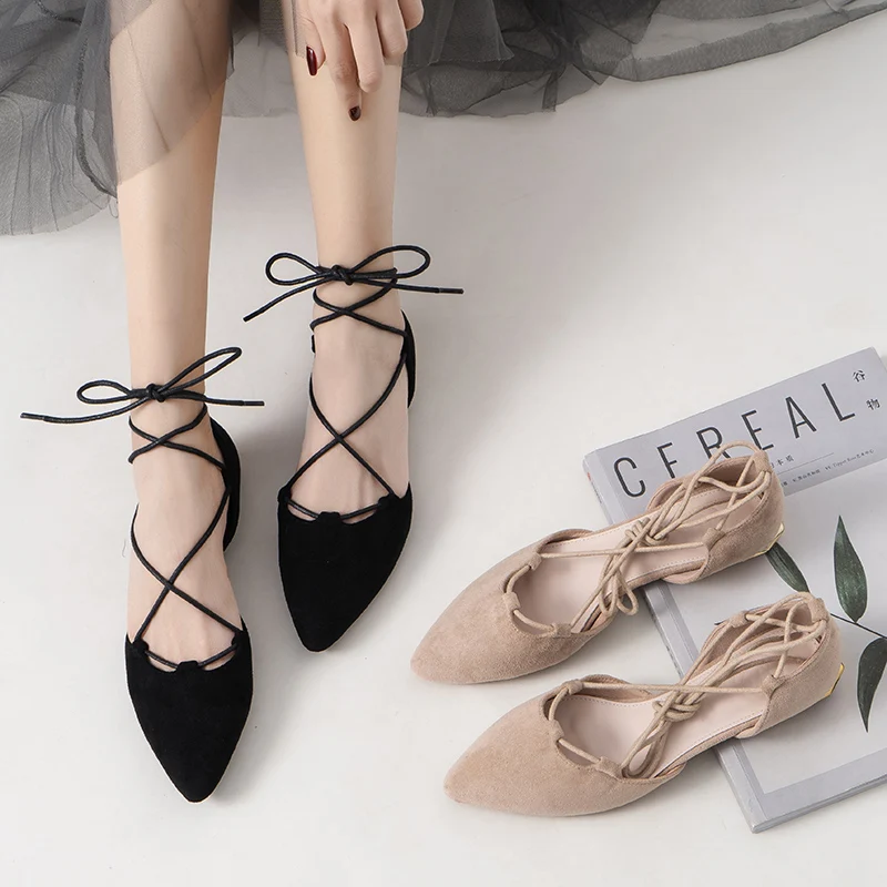 sexy cross-tied gladiator summer shoes woman pointe toe cut out flat lace up ballet flats Roman style D'orsay shoes big size 43