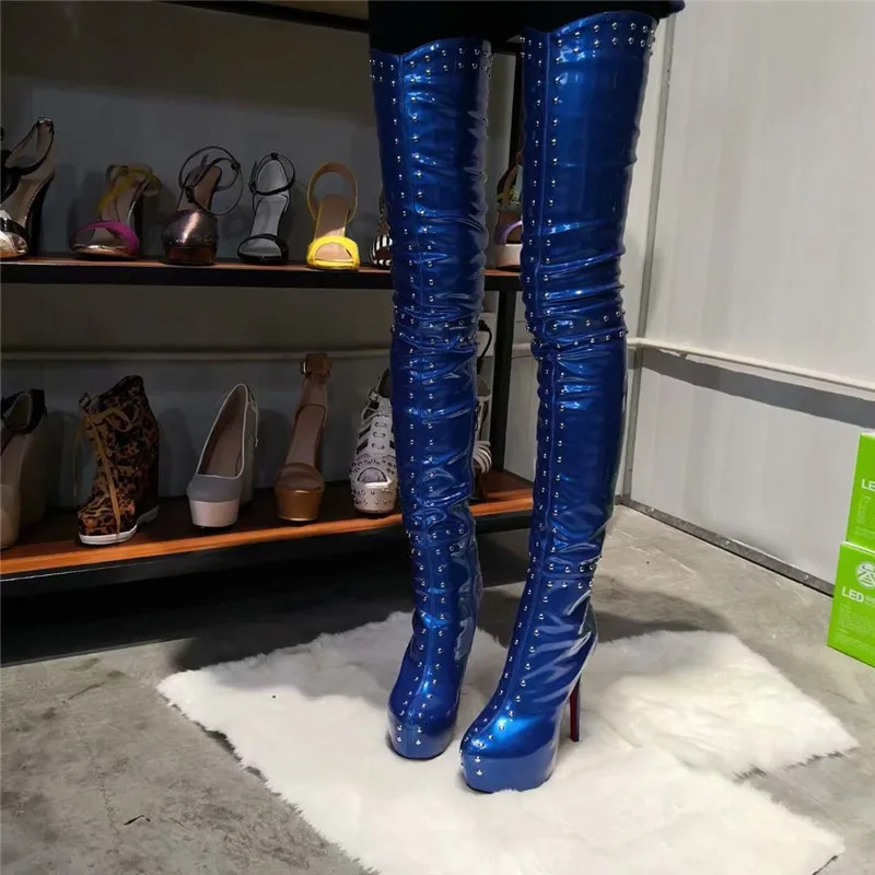 Rivets Leather Platform Thigh High Boots Woman Studded Thin High Heels Sexy Over The Knee Long Winter High Boots