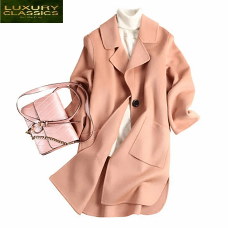 

2021 Warm Casaco Feminino 100% Wool Coat Women's Overcoat Medium-Long Pink Winter Jacket Outerwear Abrigos Mujer CJ318