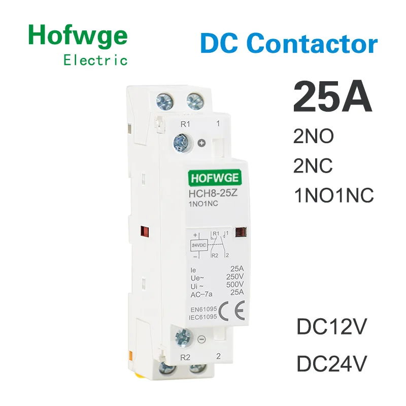 HCH8-25 DC Contactor 2P 25A 2NO 1NO1NC 2NC  DC12V DC24V Automatic Householdr Contactor Din Rail Type