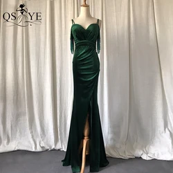 Green Velvet Evening Dresses Sheath Beadings Prom Party Gown Split Sexy Sweetheart Neck Dropping Beads Women Emerald Formal Gown