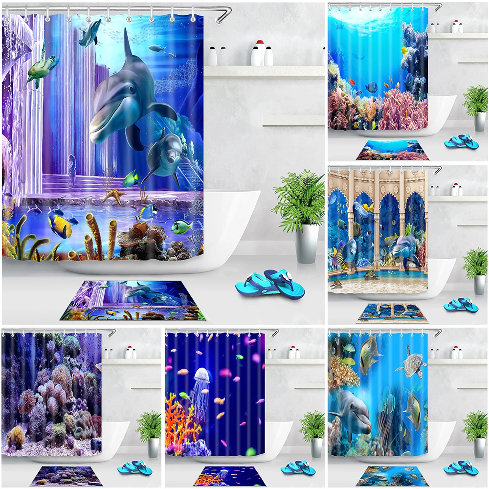 Underwater World 3D Printing Dolphin Waterproof Bathroom Blackout Curtains Without Perforation Home Decoration Cortina De Baño