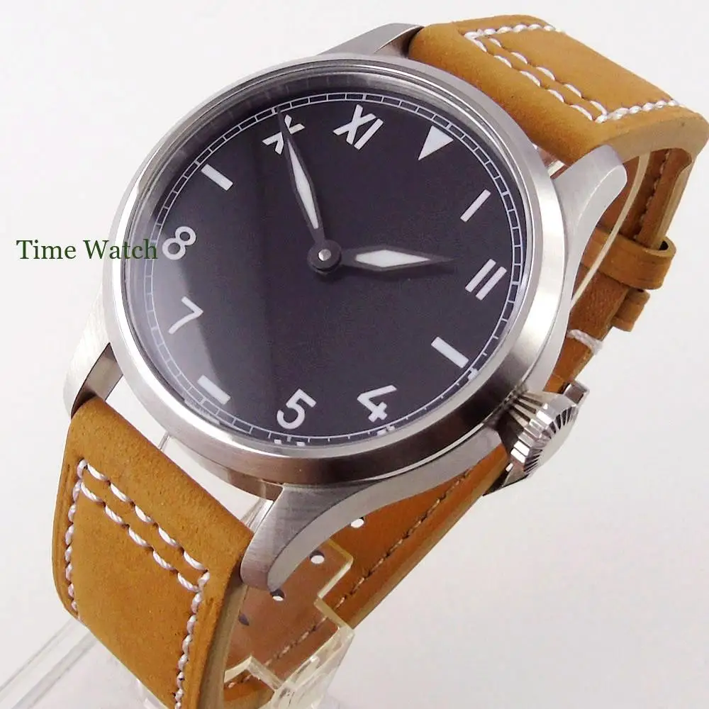 42mm Men\'s Mechanical Watch Asia 6497 Manual Movement Mineral Glass California Dial Brushed Case Leather Strap Green Lume