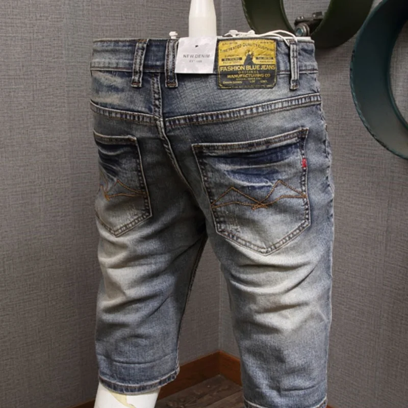 Retro Blue Denim Shorts Men Summer Streetwear Casual Cotton Slim Fit Distressed Short Jeans