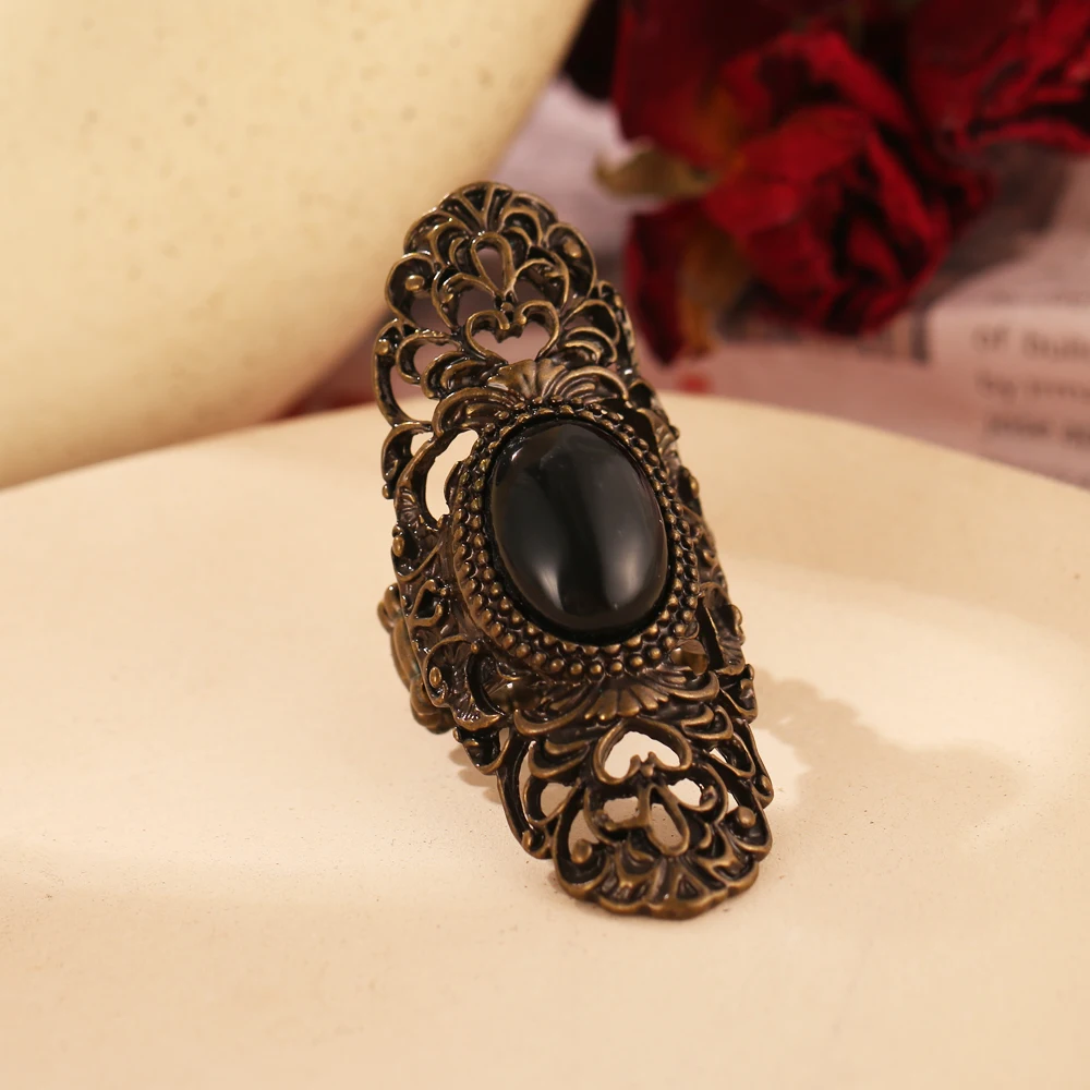 Top quality bohemian black stone ancient bronze ring AAA hollow large oval ring women\'s retro jewelry