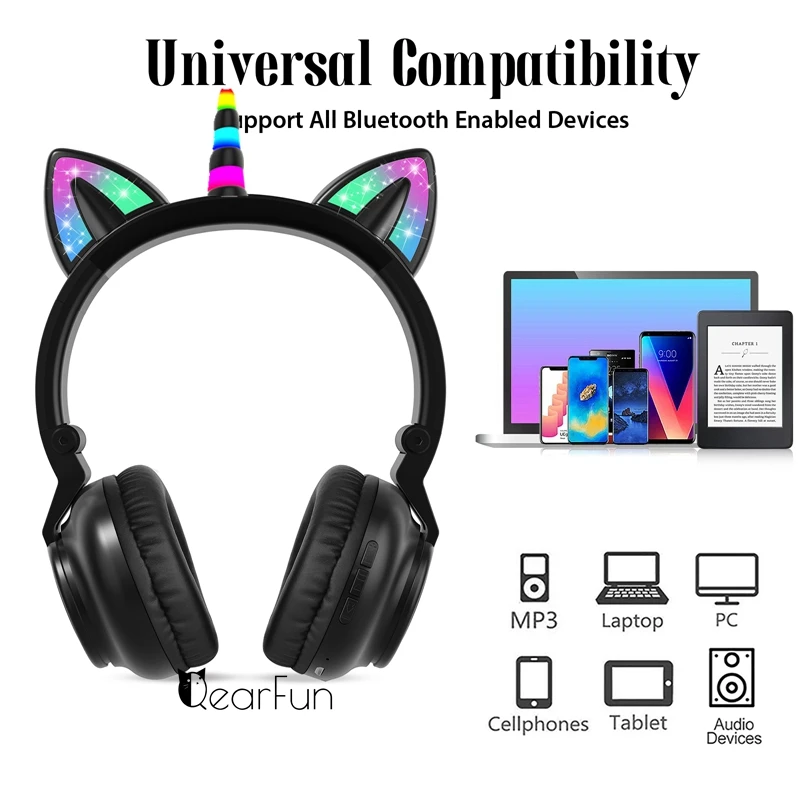 HiFi Girls Wireless Unicorn headphones with Mic phone Stereo Bass Cute Children Music Kid Cat Bluetooth Headsets Support SD Card