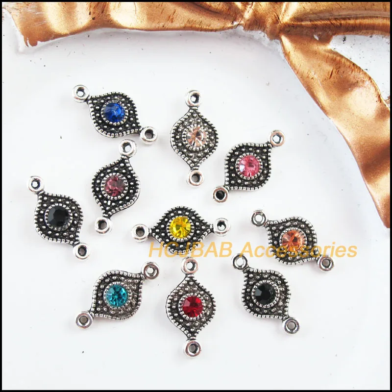 30 New Eye Charms Tibetan Silver Tone Retro Mixed Crystal Connectors 8x16mm