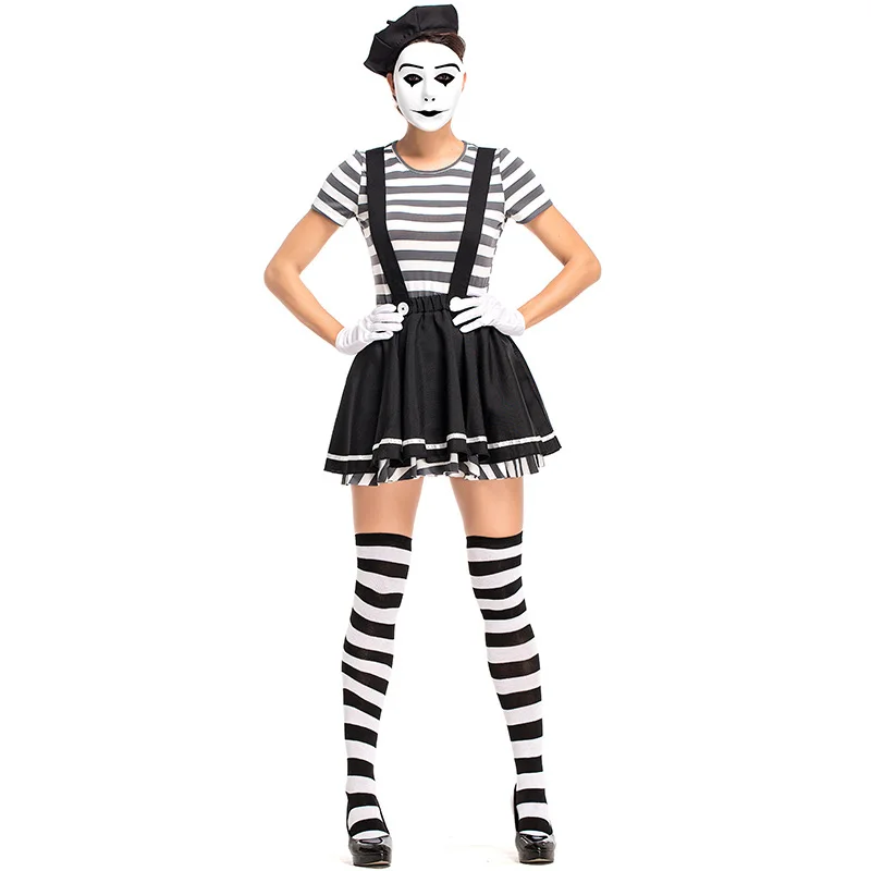 

Adult Women Mime Artist Costume Silent Actor Outfit Fancy Dress Halloween Carnival Purim Party Cosplay Costumes