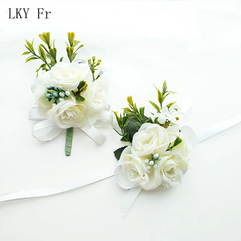 LKY Fr-Broche Boutonnière de Mariage pour Homme, Bracelet de Fleurs Artificielles, Épingles de Corsage, Boutonnière