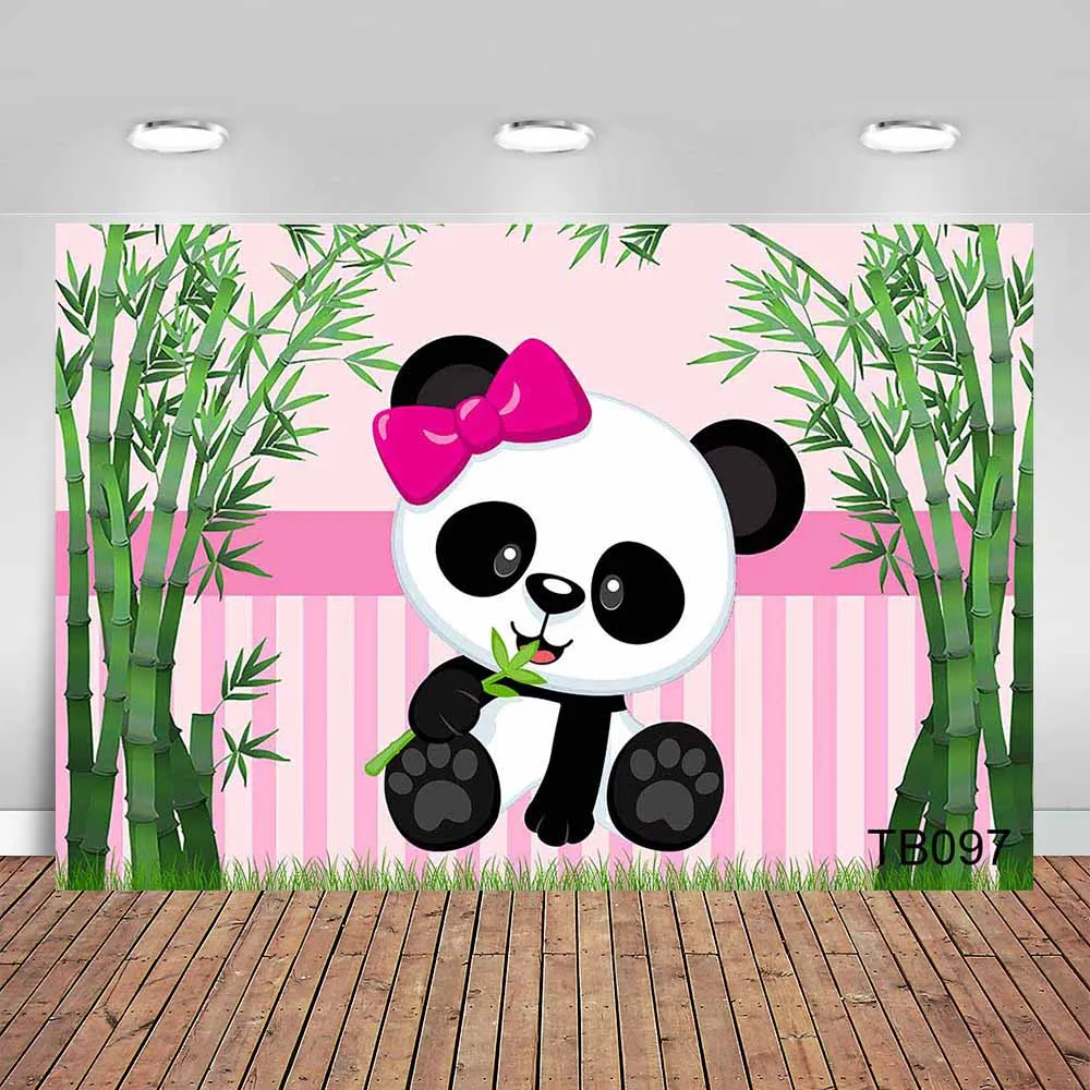 Cartoon Panda Backdrop Girls Panda Birthday Party Photography Background Baby Shower Photos Pink Striped Girls Room Banner