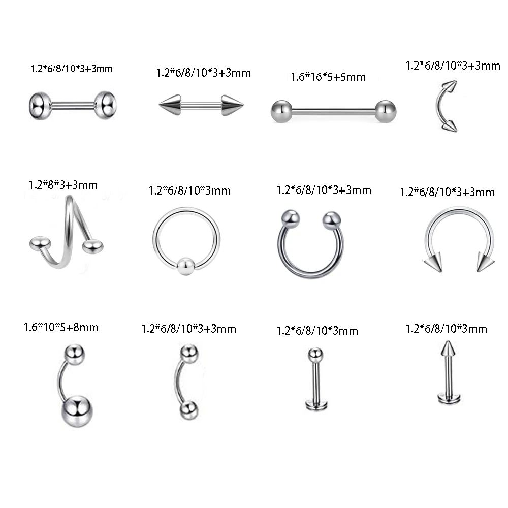 JUNLOPWY  Stainless Steel Eyebrow Bar Lip Nose Pircing Ear Studs Stainless Steel Mixed Body Jewelry Fashion Piercing Set