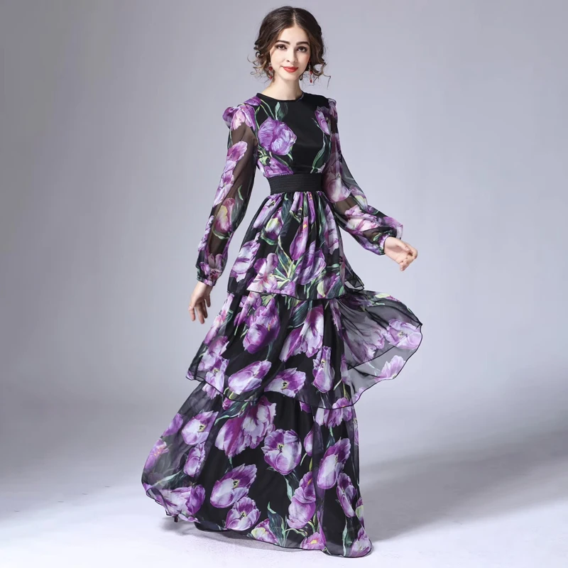 Luxury Designer High Quality Women’s Floral Print Chiffon Purple Maxi Long Sleeve Dress with Ruffles Runway Fashion 2024