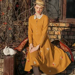 Original Design AIGYPTOS Autumn Winter New Women Vintage Elegant Slim Mori Girls French Embroidery Yellow Long Knitted Dresses