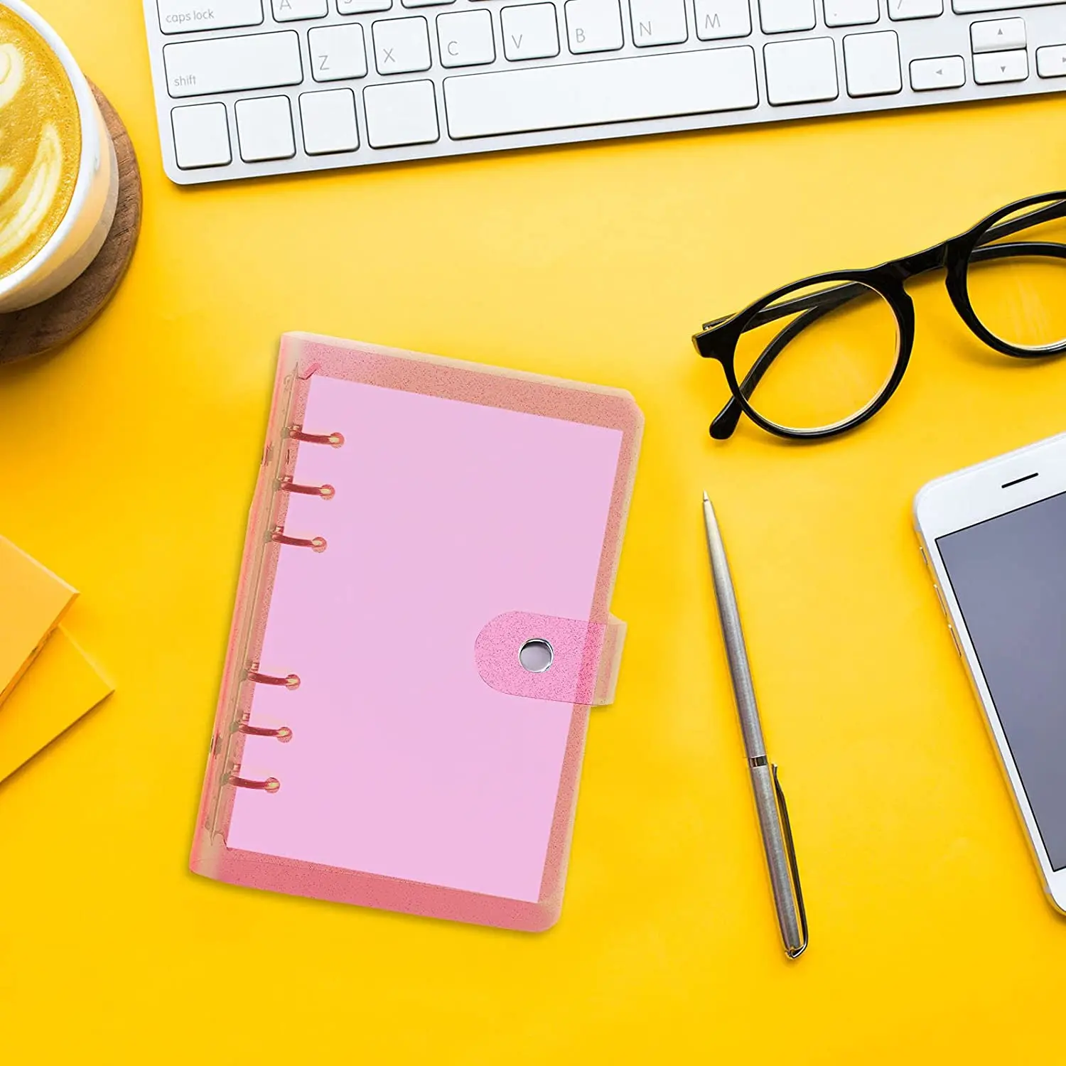 A6 Binder Clear Glitter Refillable 6-Ring Notebook Cover with Snap Button Closure,Loose Leaf Folder Notebook Personal Planner