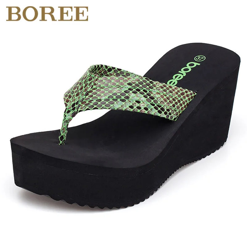 Boree Summer Flip Flops Slippers Womans Platform Shoes Wedges Thick Beach Slipper Outdoor Non-slip Snake Print Woman Slippers