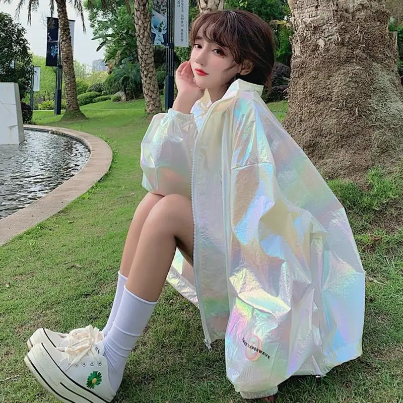 

Women's Trench Coat Laser Shiny Bling Long Sleeves Loose Sun-protective Clothing Wholesale Autumn 2021 New Fashion Lady Clothes