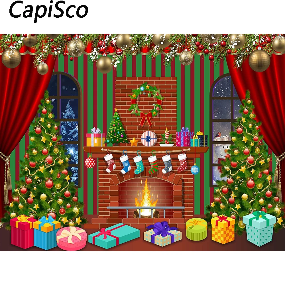 Capisco Cartoon Christmas Fireplace Photography Backdrop Winter Background Santa Pine Tree Baby Shower Party Decor Banner