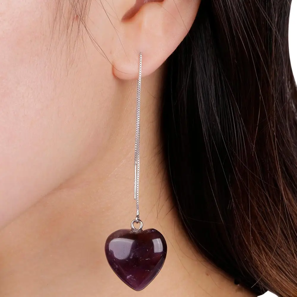 TUMBEELLUWA Heart Crystal Threader Drop Earrings Elegant Long Tassel Stone Dangle Earrings Love Carved Ear Line Women Jewelry