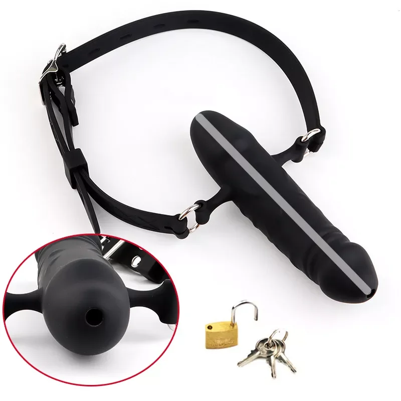 Full Silicone Double-Ended Open Mouth Gag Dildo Oral Fixation Strap On Slave Sex Toys Penis Plug Harness Bdsm Bondage For Couple