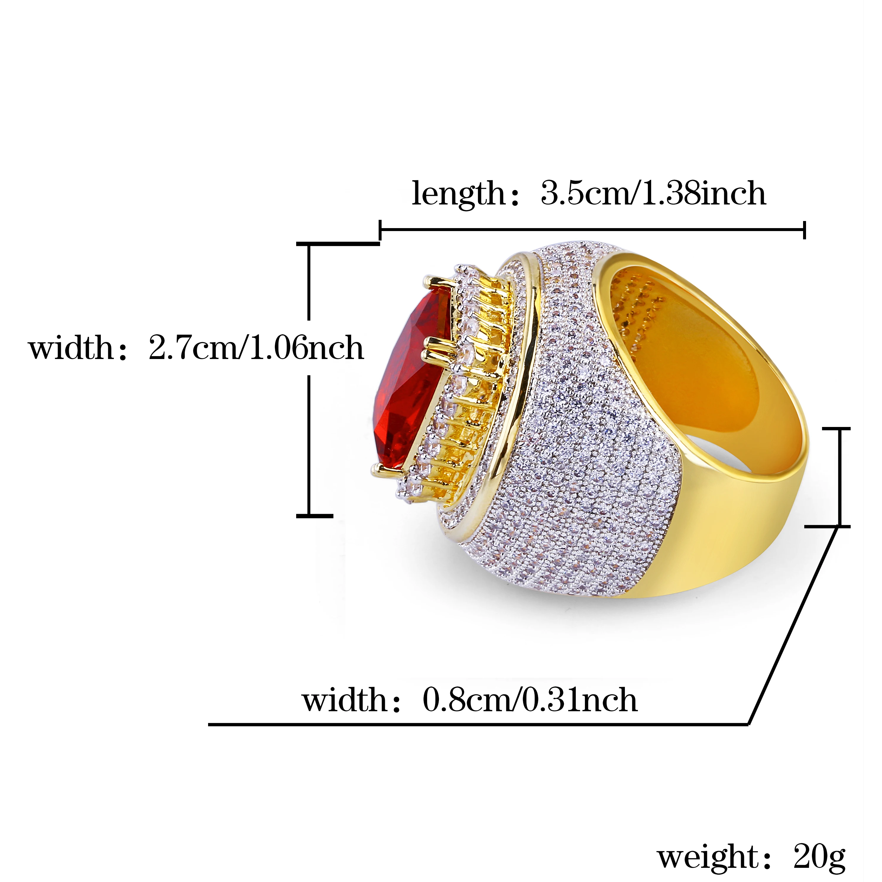 TOPGRILLZ Hip-Hop Classic Gold Color Plated Cubic Zircon Big Red Stone Ring Personality Fashion Men Women Jewelry Lover Gift