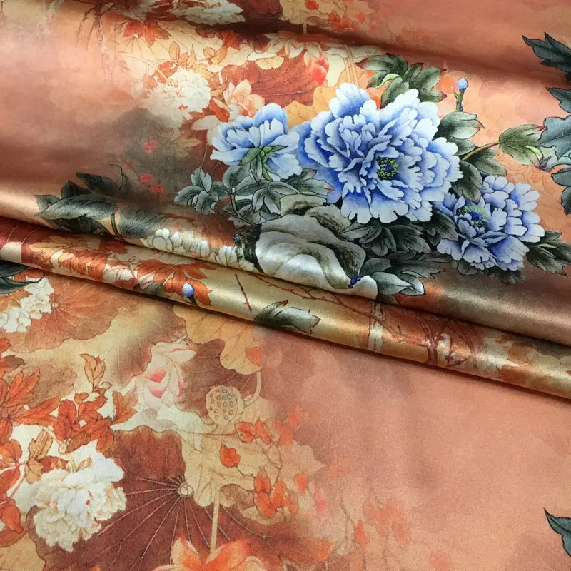 

Peony printing Chinese style digital satin stretch digital printing fabric natural mulberry silk high fashion textile fabric
