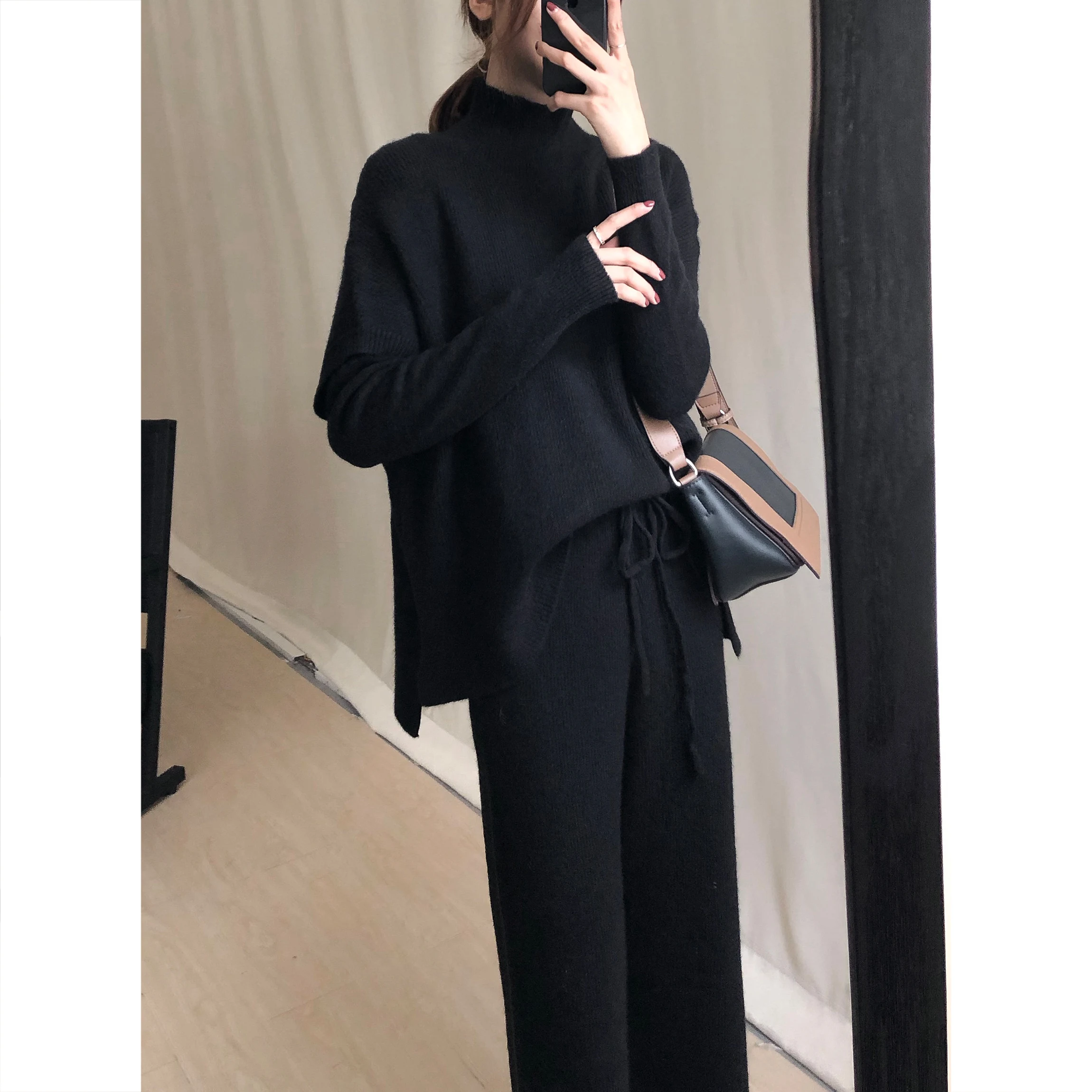 2019 Winter Women Sweater Suits and Sets Turtleneck Long Sleeve Knitted Sweaters Long Trousers 3 Pieces Set Winter