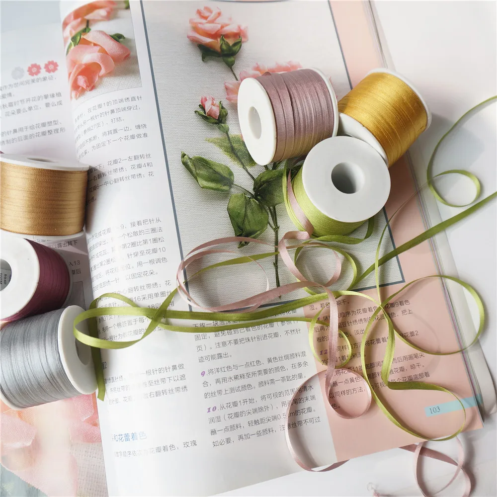 4mm Handmade Solid Colors Pure Silk Embroidery Ribbon Thin Taffeta Silk Satin Ribbon Handcraft