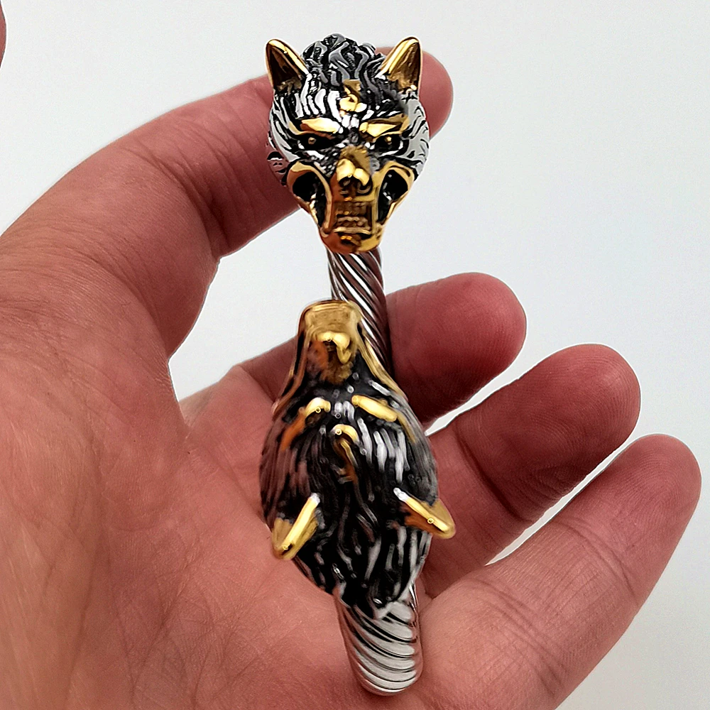 Men\'s Stainless Steel Viking Wolf Bracelet Mix Gold Color Wolf Punk Bangle Biker Jewelry