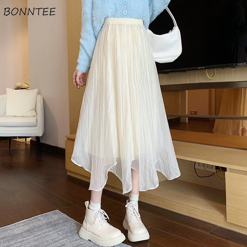 

Skirts Women Sweet A-line Tulle Solid High Elastic Waist All-match Fashionable Midi Korean Version Faldas Kawaii Autumn Mesh Y2k