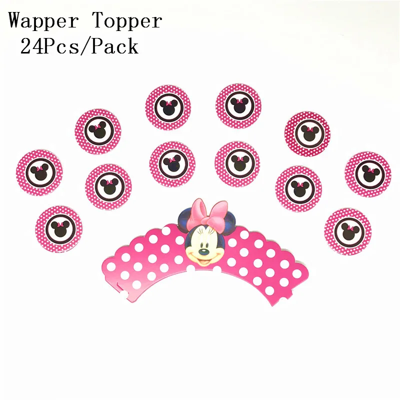 24 pcs Disney Pink Minnie Mouse Theme Birthday Party Cartoon Cupcake Wrappers And Toppers Christmas Cake Decorations Supplies