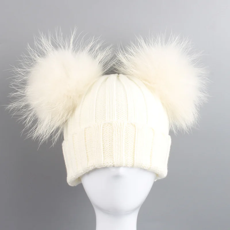 Winter Kids Girls Color Died Natural Raccoon Fur Double Pompon Crochet Hat Knitted Pompom Cap For Baby Children Bonnet