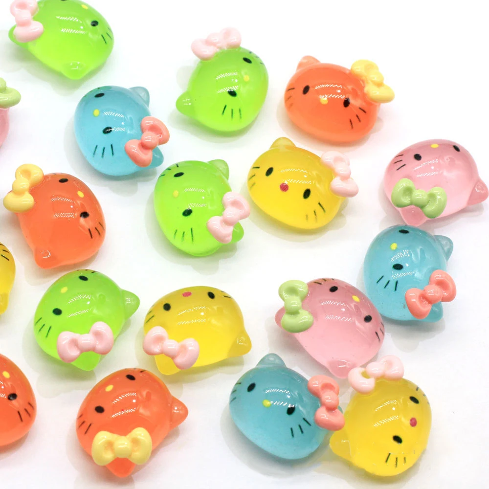 100pcs 20MM Mixed Color Luminous Resin Kitten Head Charm Cute Kitty Flat Back Cabochon DIY Crafts Accessories Decoration